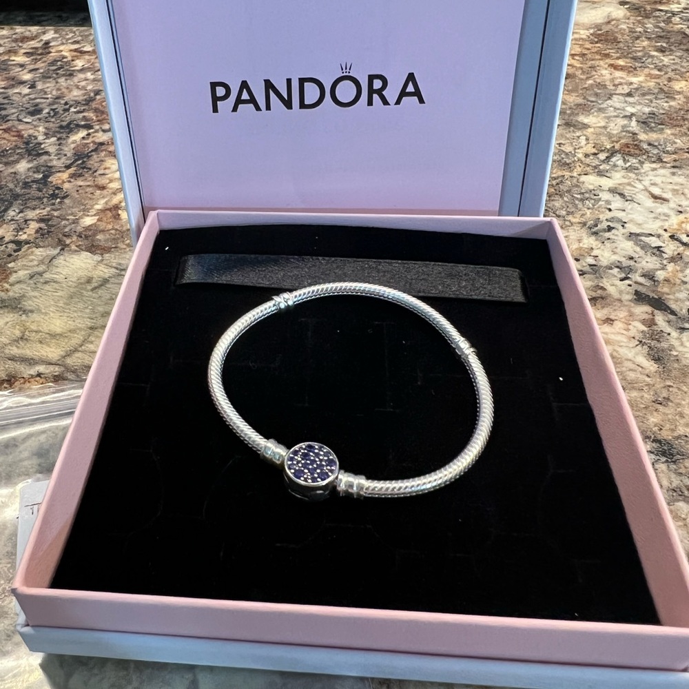 Pandora  Moments Sparkling Blue Disc Clasp Snake Chain Bracelet